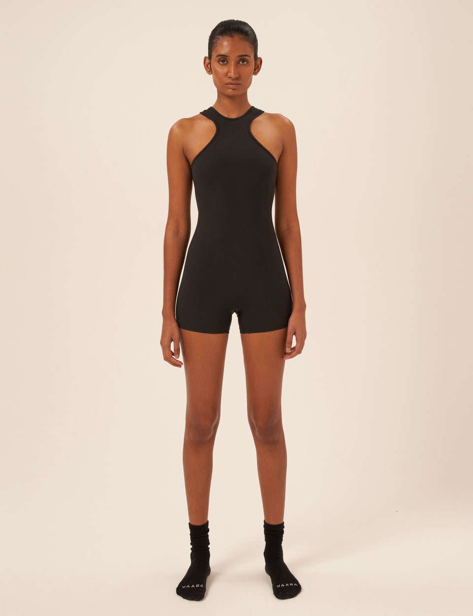 Women's Racer Front Short Unitard In Black VAARA